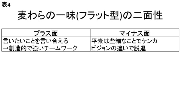 表4 麦わらの一味(フラット型)の二面性